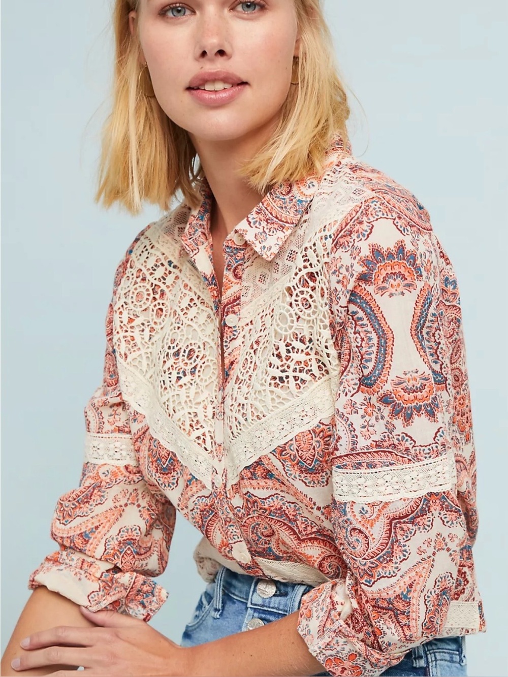 Anthropologie Seen Worn Kept Medium Laced Paisley Western button up shirt  Boho